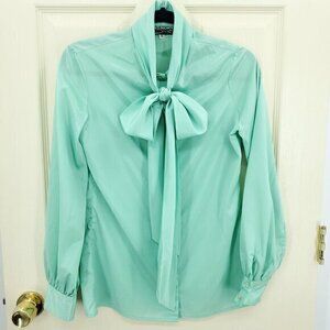 VTG Givenchy Sport Satin Bow Button Blouse 6/8 Blue/Green Halloween Secretary